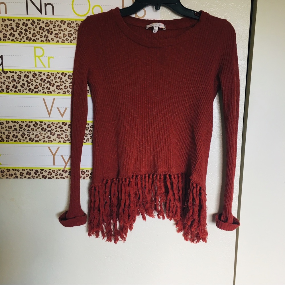 eri and ali sweater shirt fringe burnt orange
